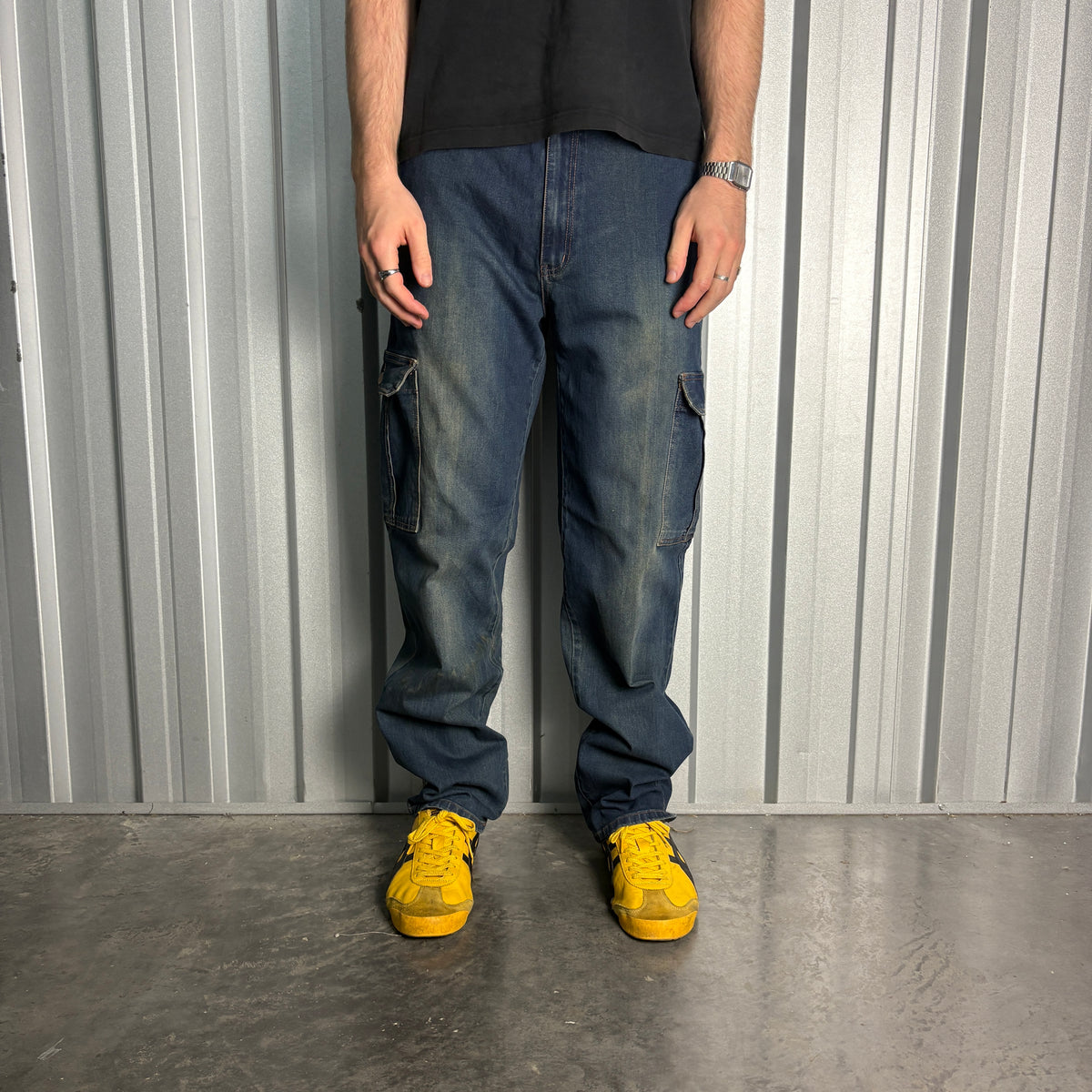 Embroidered Blue Cargo Japanese Denim Hip Hop Y2K Baggy Jeans - 36R