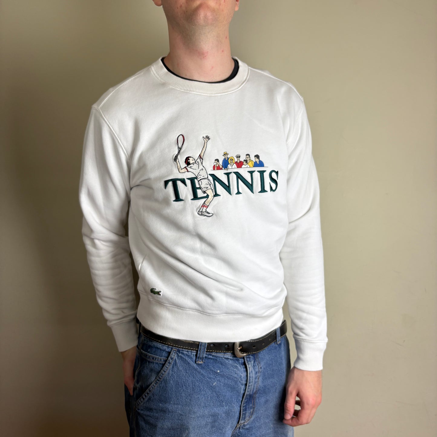 Vintage Lacoste White Tennis Wimbledon Embroidered Sweatshirt - M