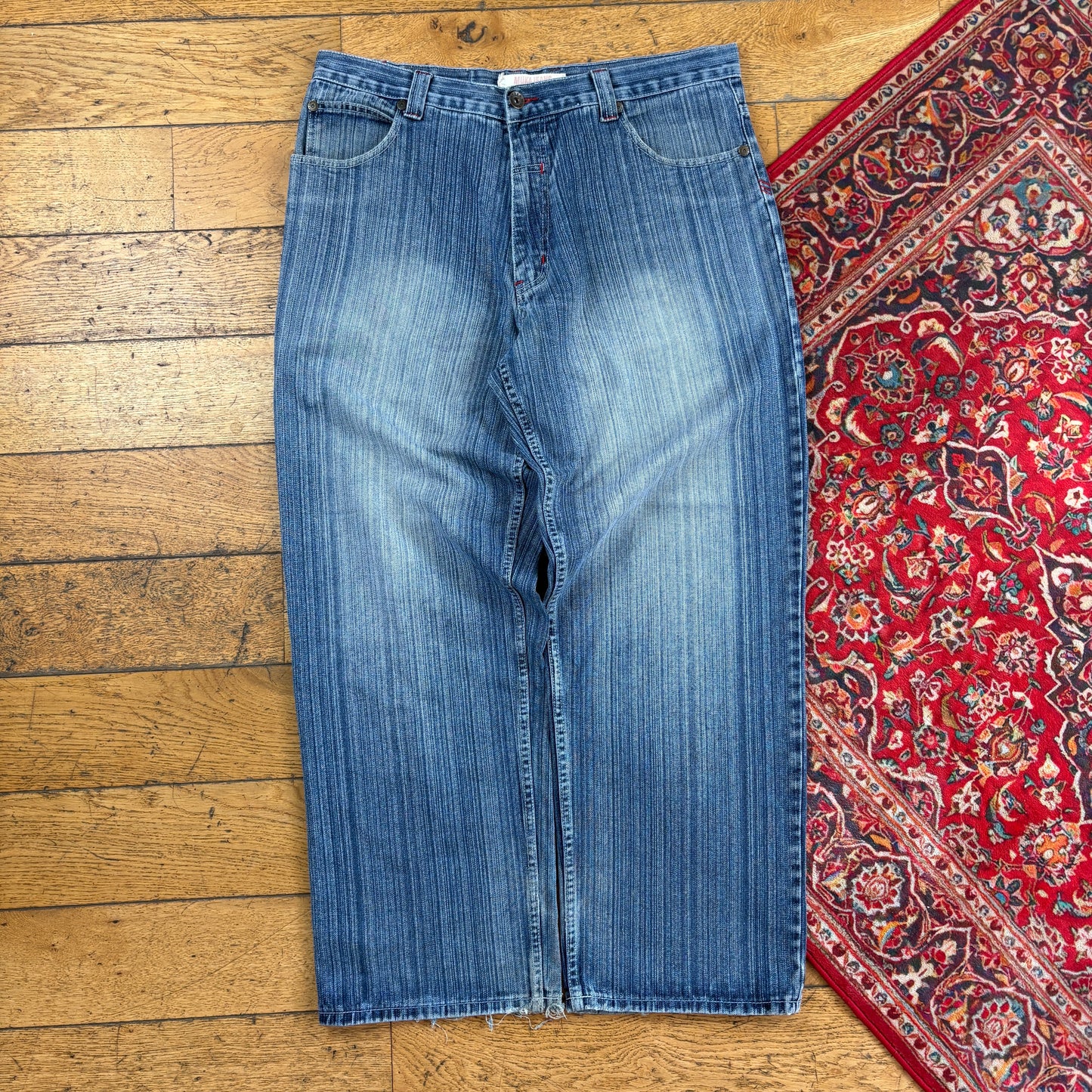 Vintage Muka Blue Pinstripe Embroidered Y2K Hip Hop Baggy Jeans - 38