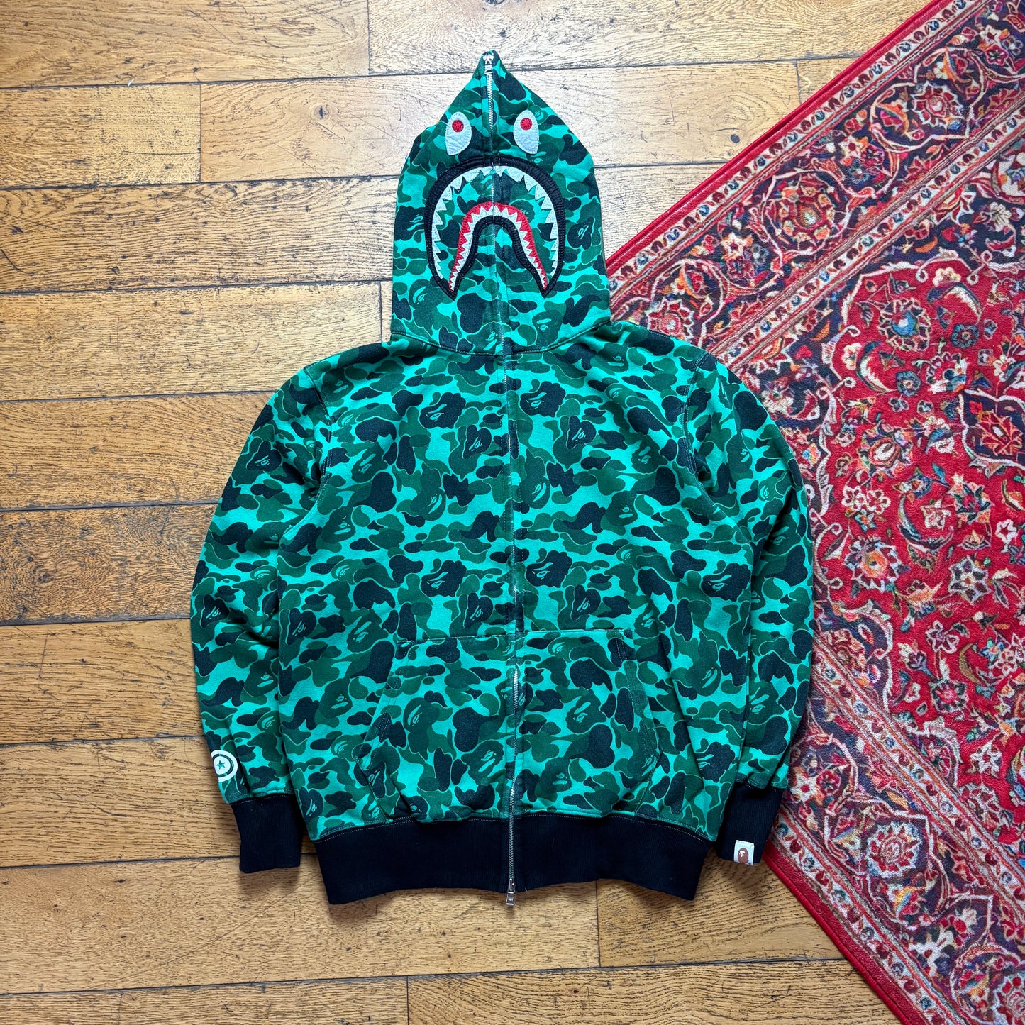 Vintage Bape Bathing Ape Green Camo Shark Hoodie Embroidered Sweatshirt - S