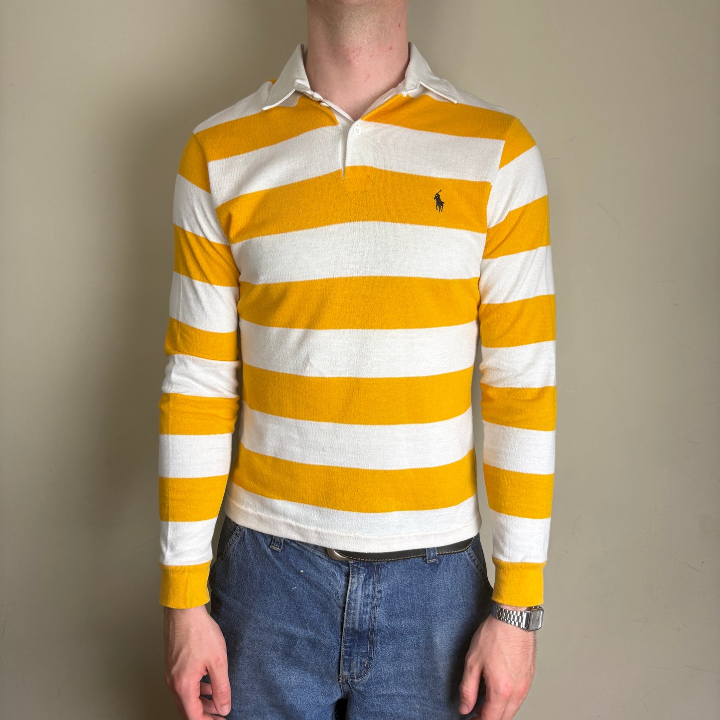 Vintage Ralph Lauren Yellow White Stripe Rugby Polo Shirt - XS