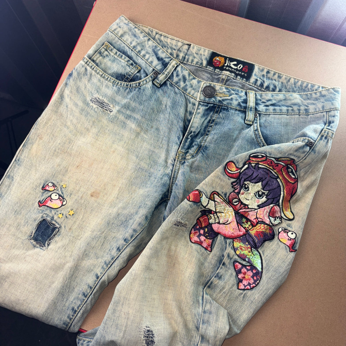 Embroidered Jizo Blue Capri Anime Japanese Denim Hip Hop Y2K Jeans - 32