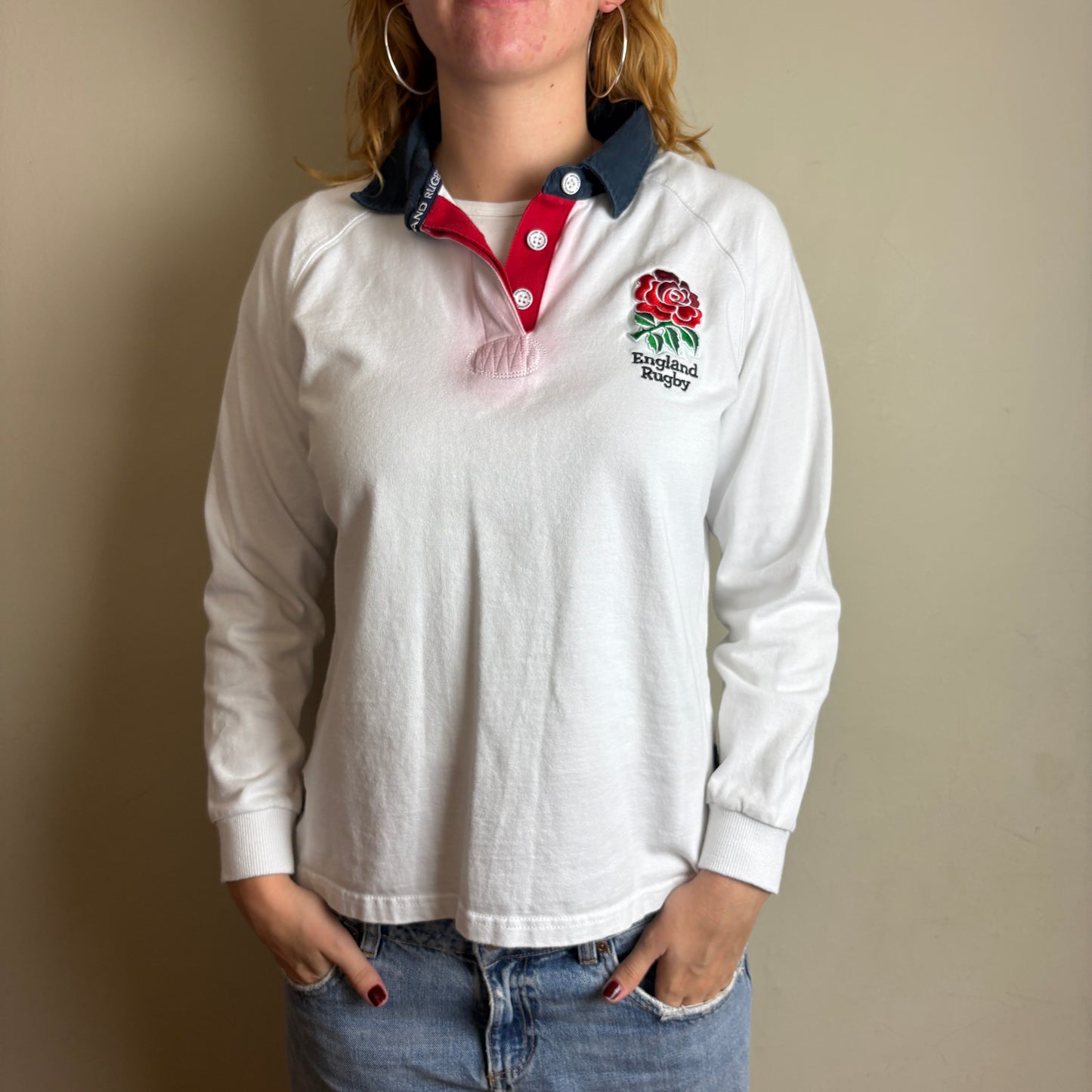 Vintage England White Womens Rugby Long Sleeve Polo Shirt - M