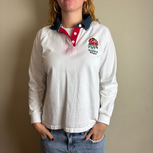 Vintage England White Womens Rugby Long Sleeve Polo Shirt - M