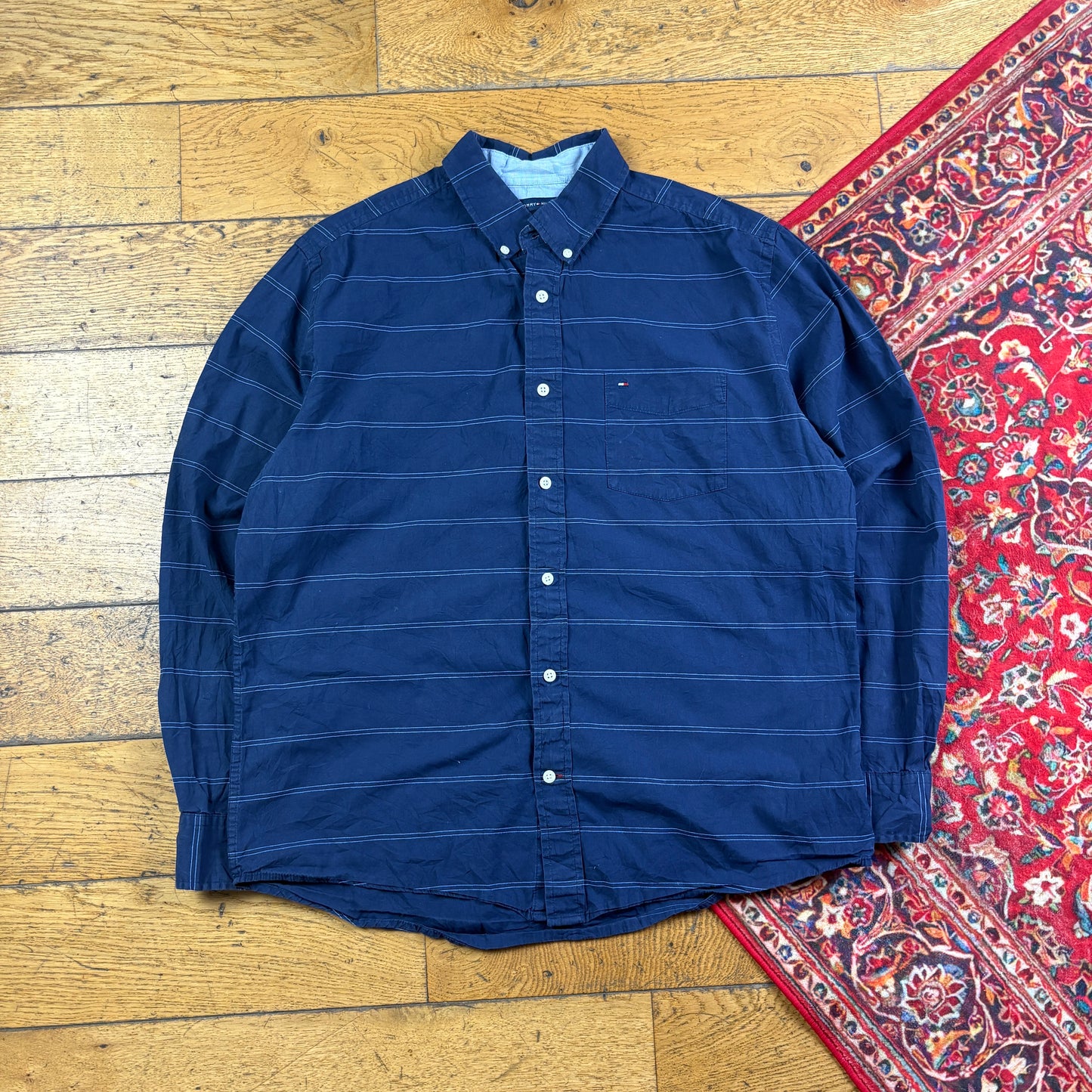 Vintage Tommy Hilfiger Navy Stripe Embroidered Shirt - L