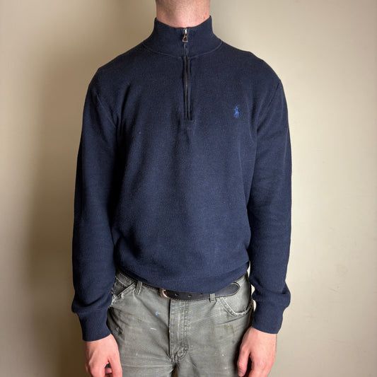 Vintage Ralph Lauren Quarter Zip Navy Knit Jumper - L