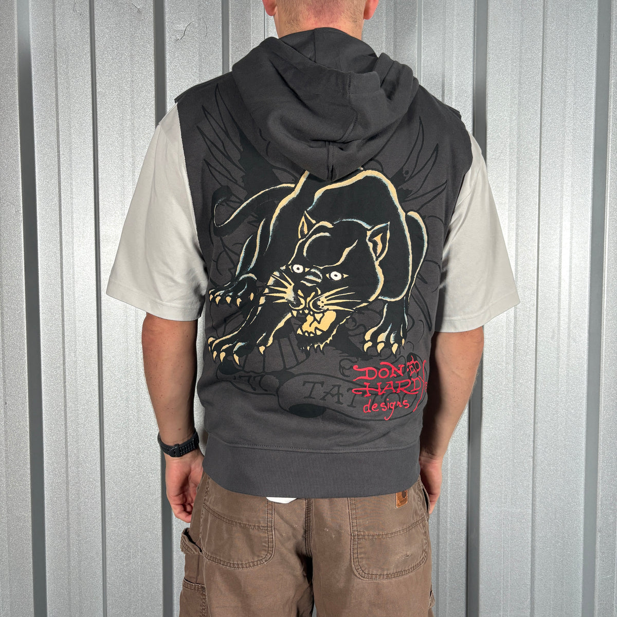 Ed Hardy Y2K Grey Hoodie Cut Off Gilet Vest Sweatshirt - S