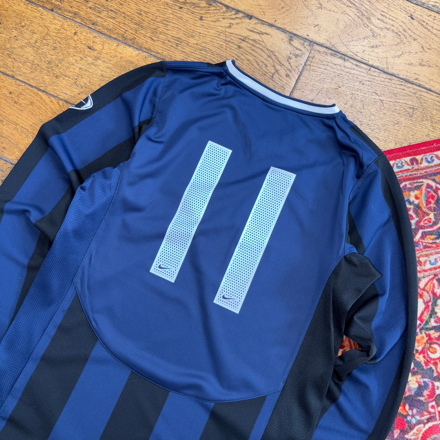 Vintage Nike Embroidered Navy Black Stripe Football Long Sleeve T-Shirt - XS