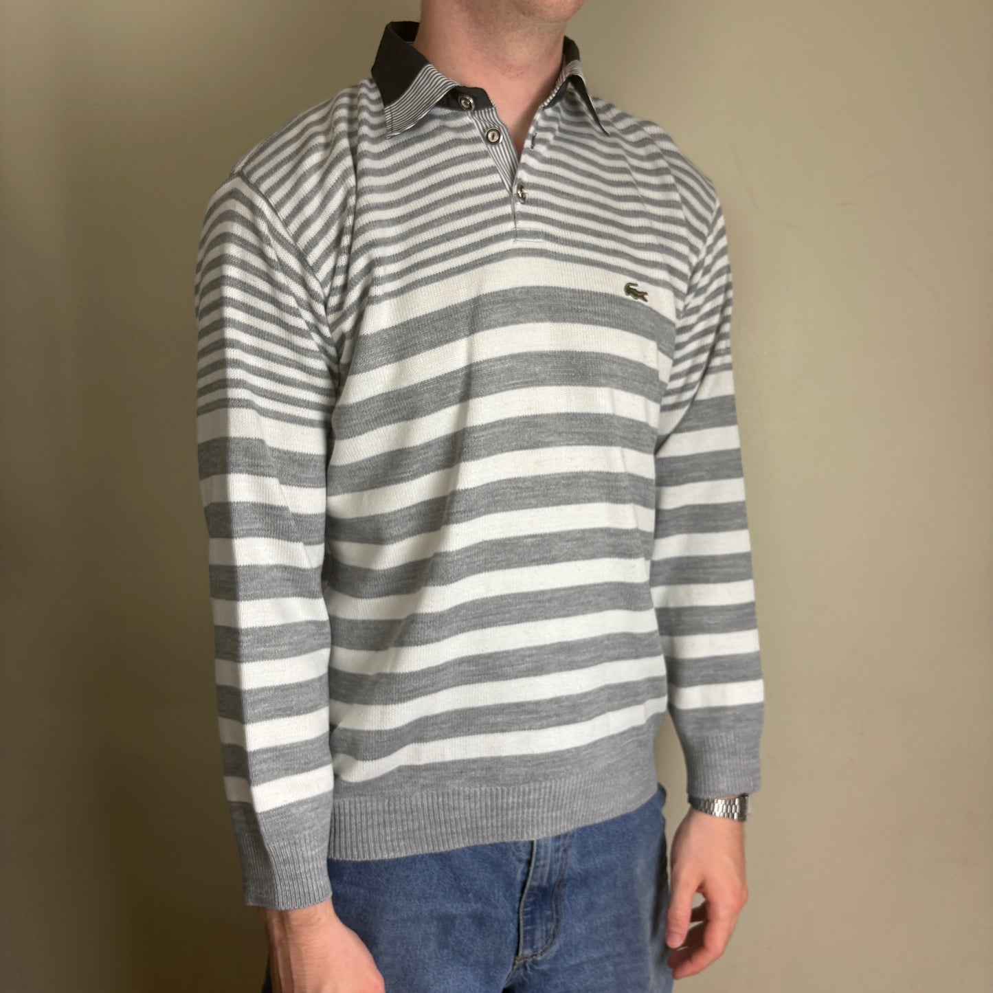 Vintage Lacoste Grey White Stripe Knit Polo Rugby Shirt - M