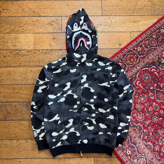 Vintage BAPE Bathing Ape Shark Camo Grey Black Hoodie Embroidered Sweatshirt - S