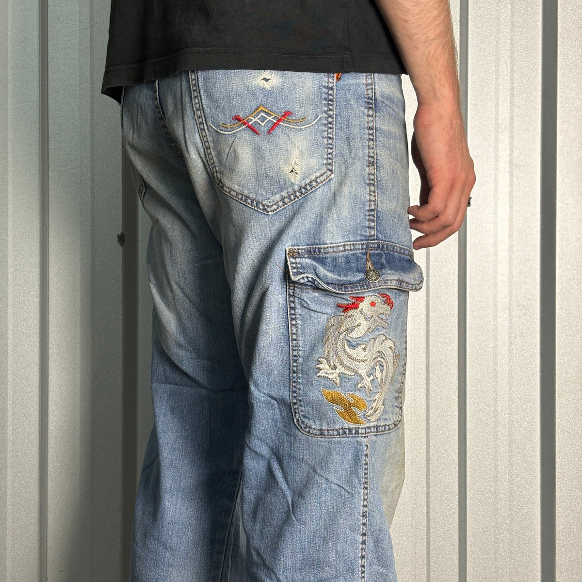 Embroidered Dragon Blue Cargo Japanese Denim Hip Hop Y2K Baggy Jeans - 34S