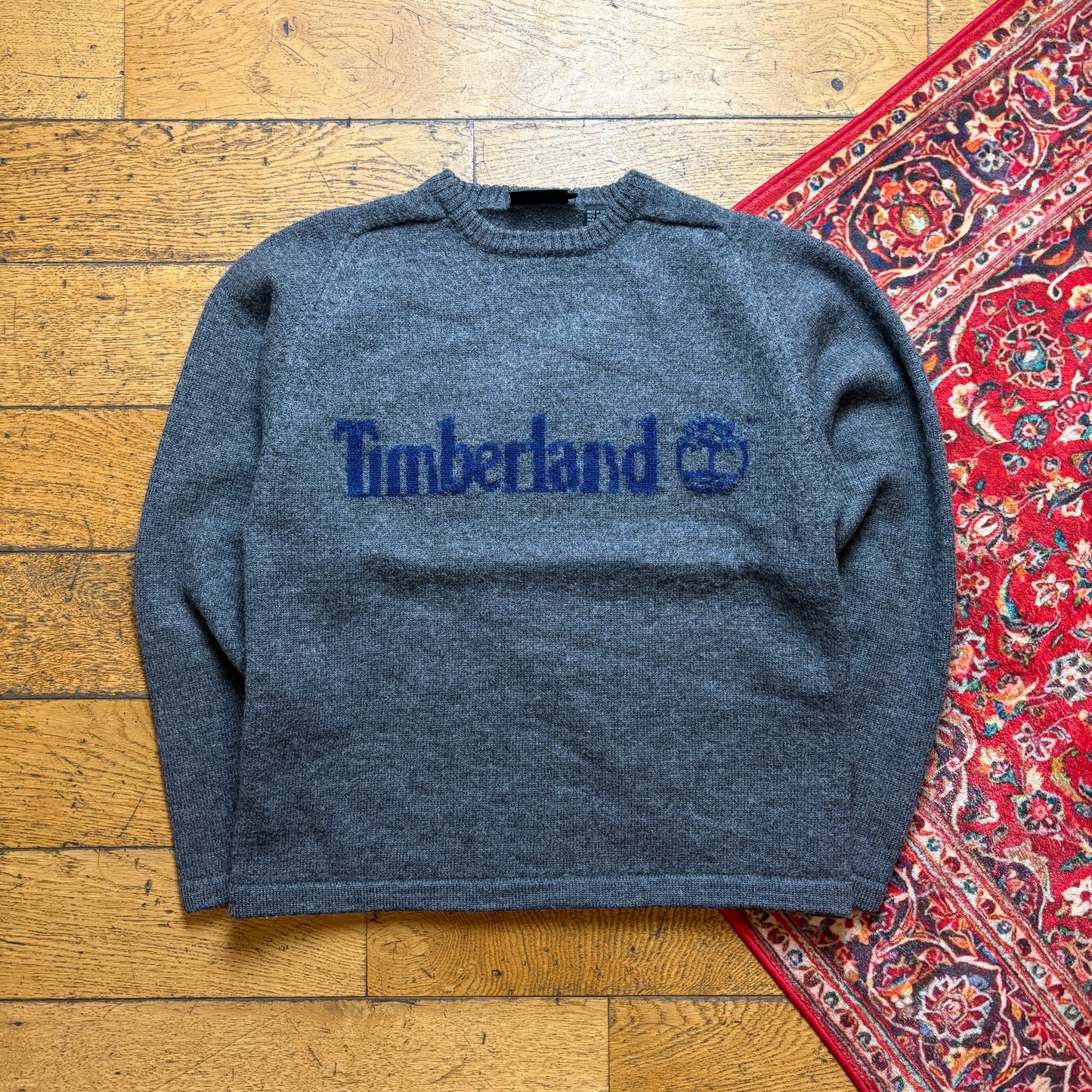 Vintage Timberland Spellout Grey Wool Chunky Knit Jumper - S
