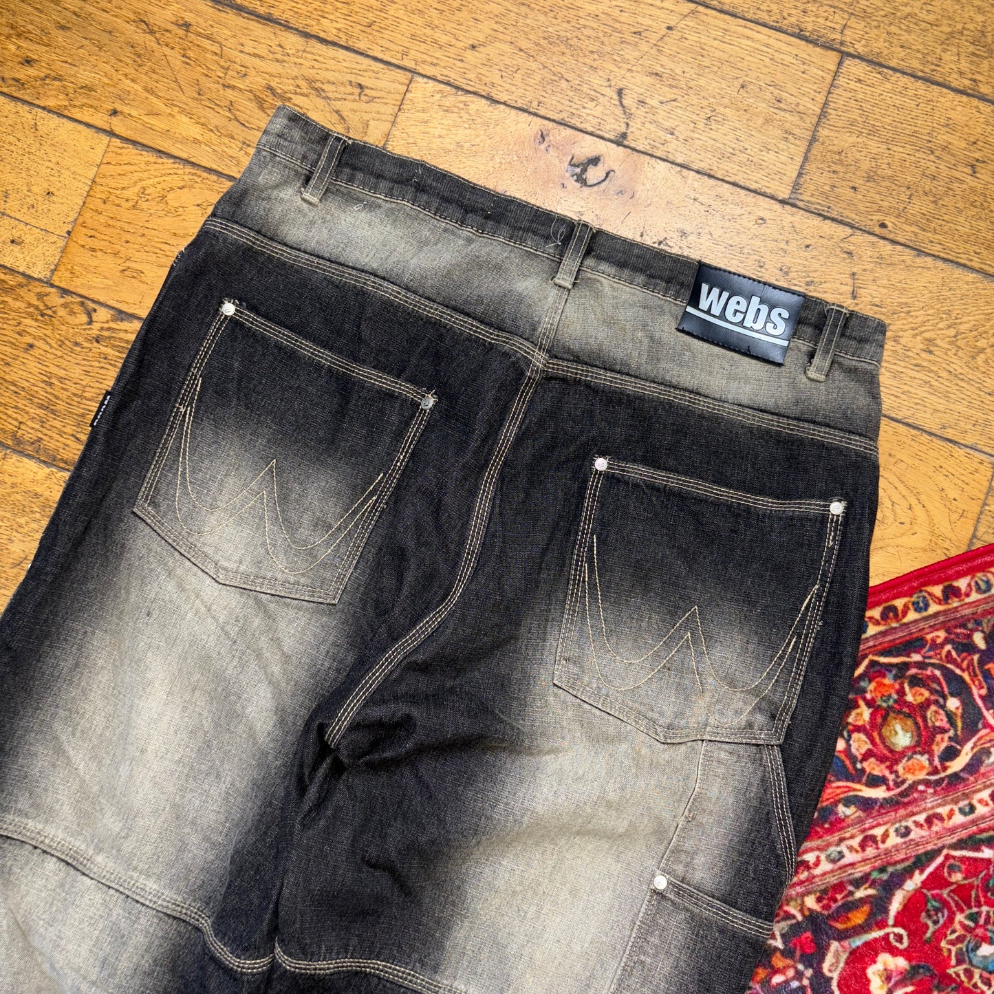 Vintage Webs Black Double Knee Embroidered Y2K Hip Hop Baggy Jeans - 38S