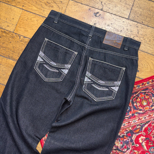 Vintage Black Embroidered Y2K Hip Hop Baggy Jeans - 36L
