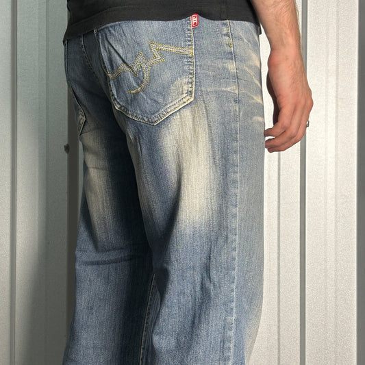 Ice Point Embroidered Blue Japanese Denim Hip Hop Y2K Baggy Jeans - 34S