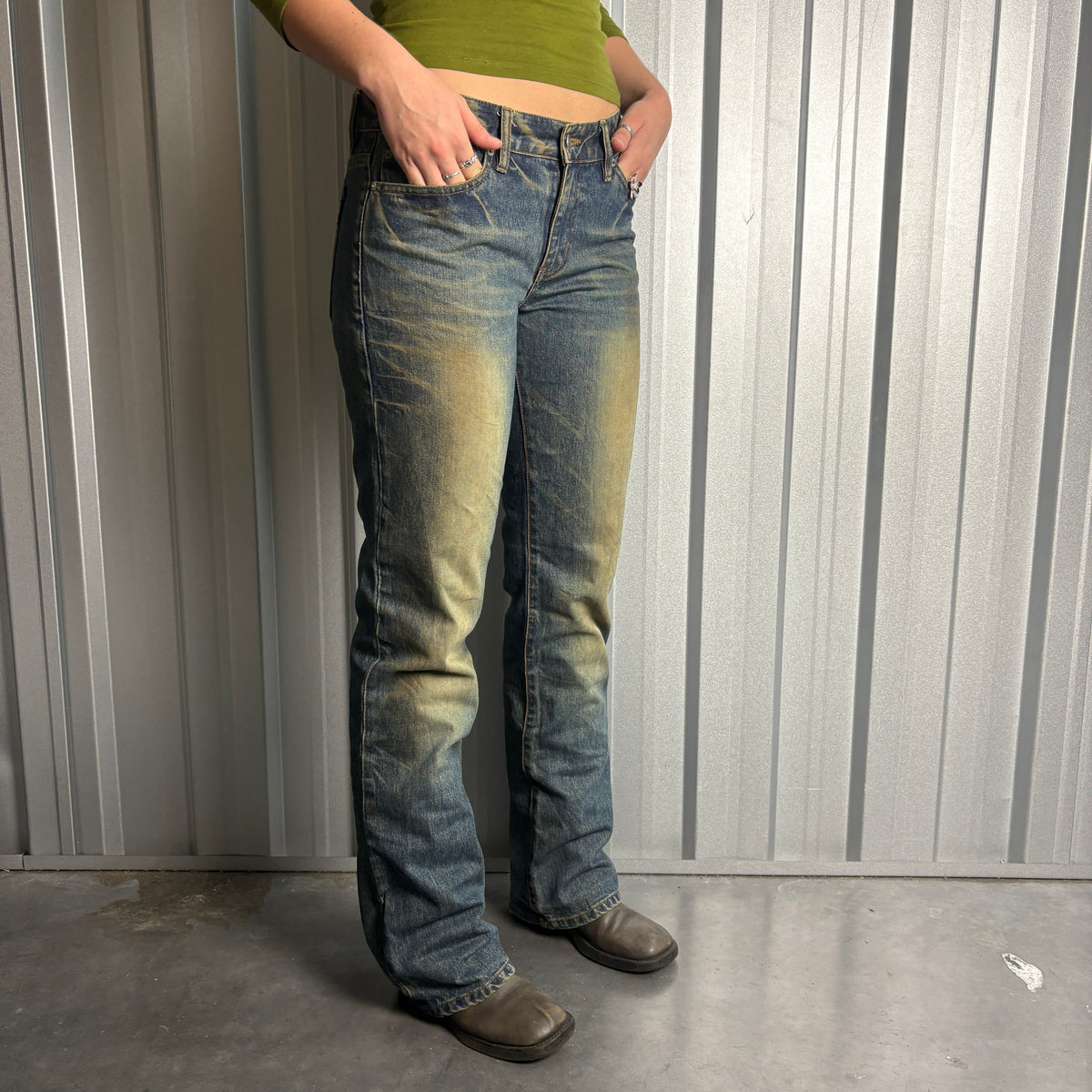 Embroidered Bootcut Blue Grunge Japanese Denim Hip Hop Y2K Baggy Jeans - 32L