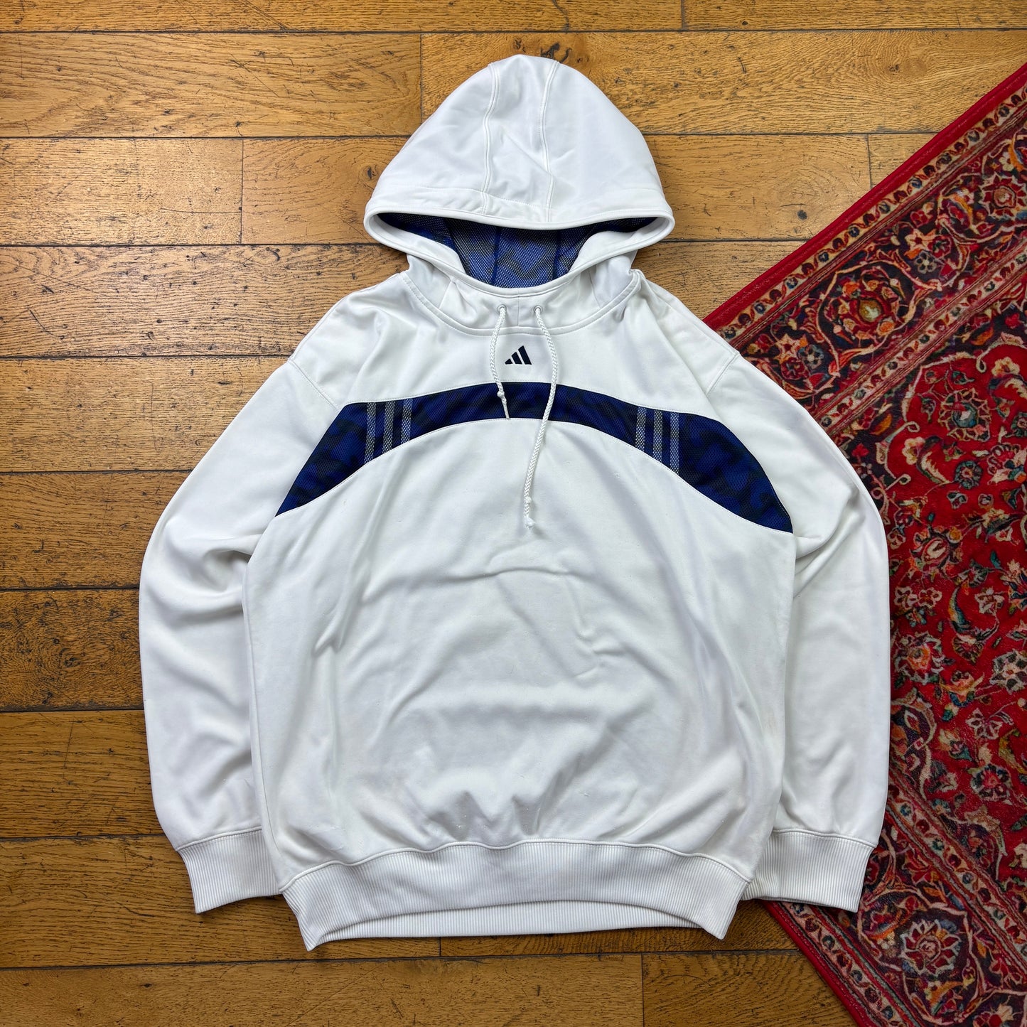 Vintage Adidas White Hoodie Embroidered Sweatshirt - L