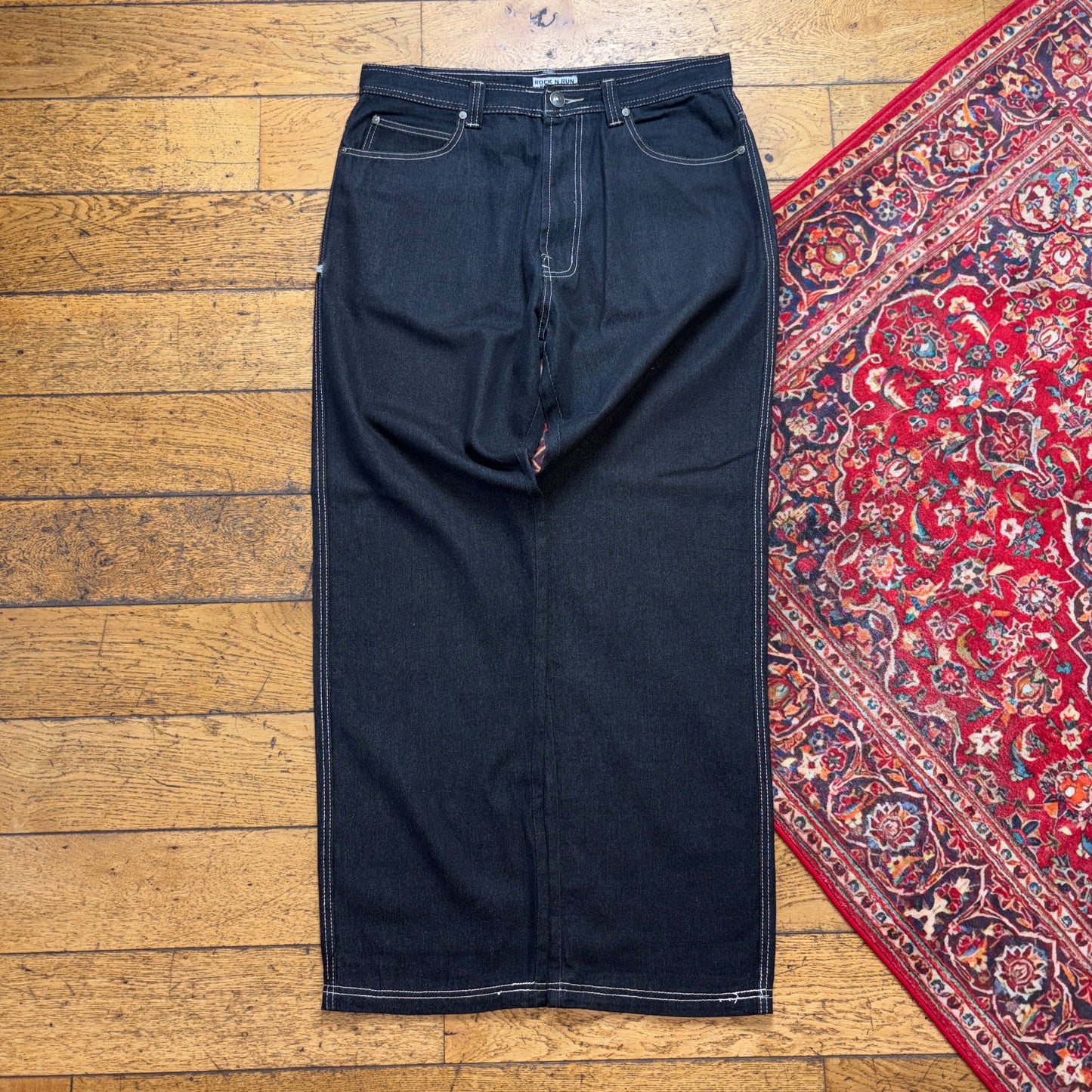 Vintage Black Embroidered Y2K Hip Hop Baggy Jeans - 36L