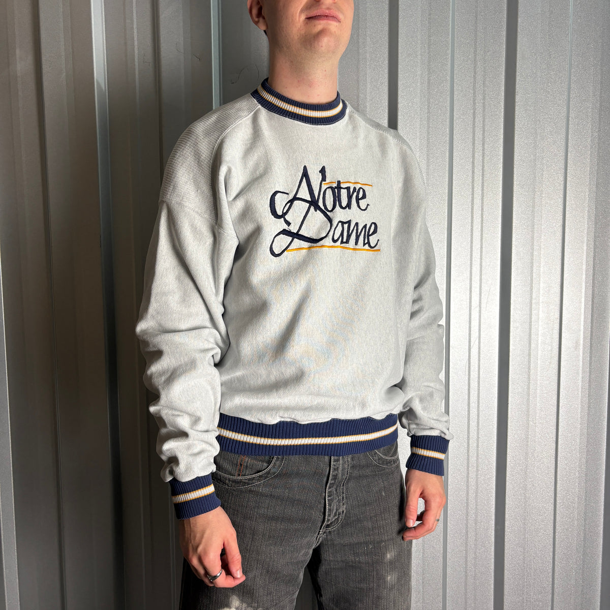 Vintage 90s Notre Dame Grey College USA Ringer Embroidered Sweatshirt - XL