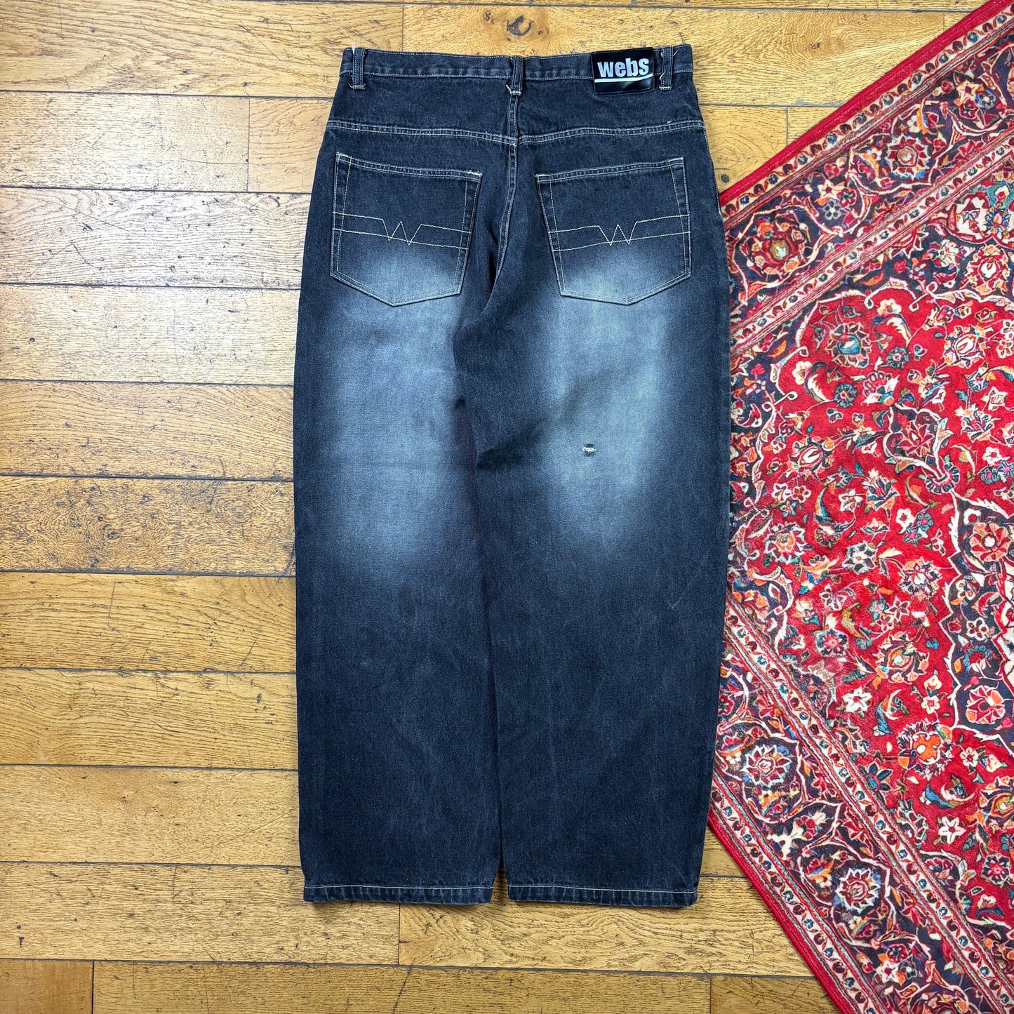 Vintage Webs Black Embroidered Y2K Hip Hop Baggy Jeans - 36