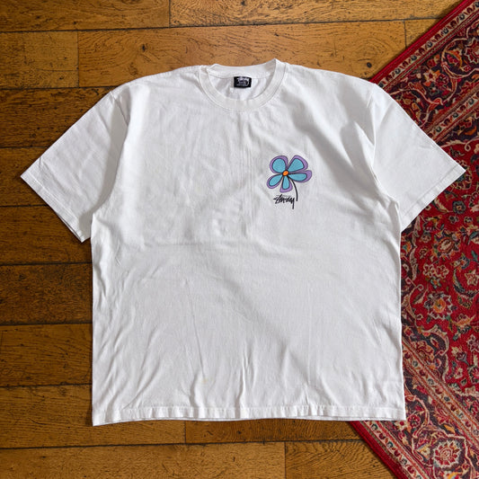 Vintage Stussy White Flower Surfwear Graphic T-Shirt - 2XL
