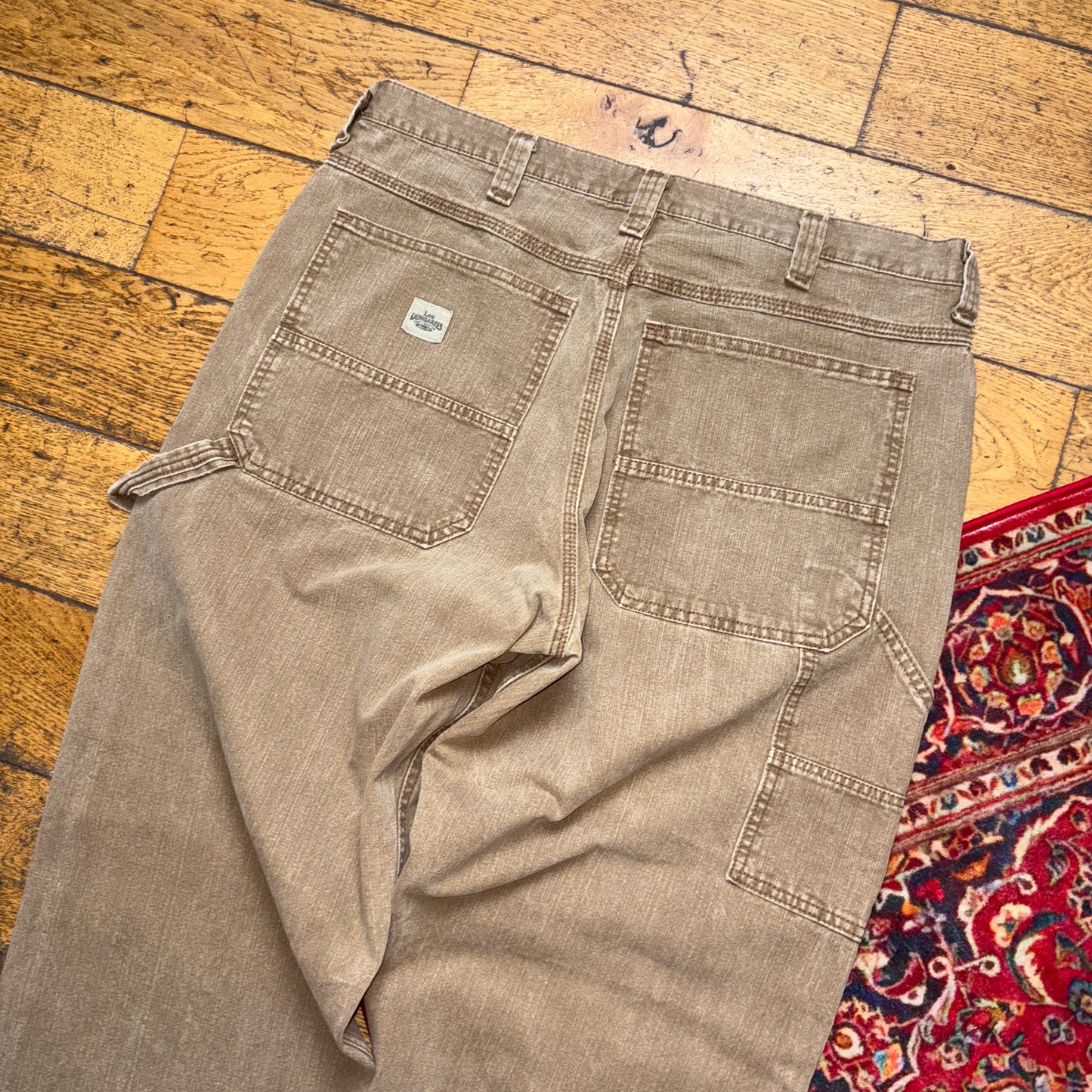 Vintage Lee Brown Cream Carpenter Workwear Baggy Trousers - 36L