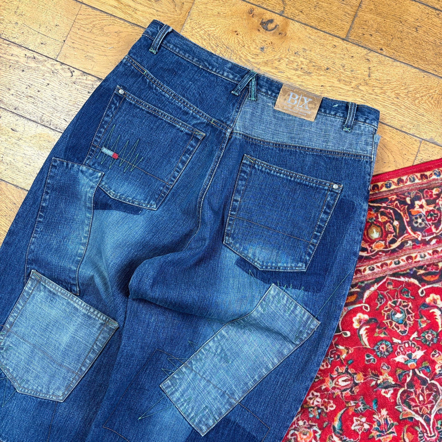 Vintage Blue Patchwork Embroidered Y2K Hip Hop Baggy Jeans - 38