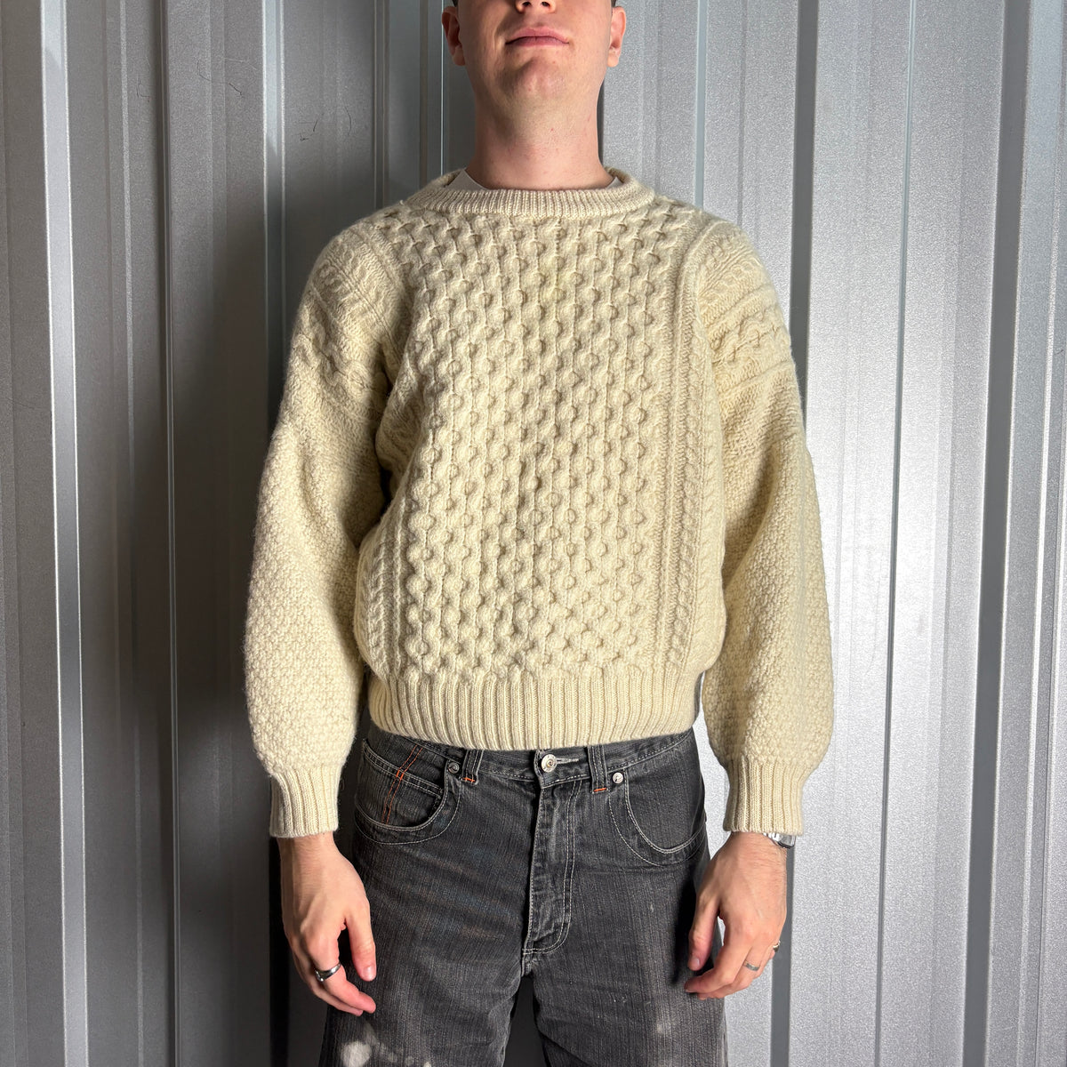Vintage Celtic Woollens Wool Cream Cable Boxy Chunky Knit Jumper - S