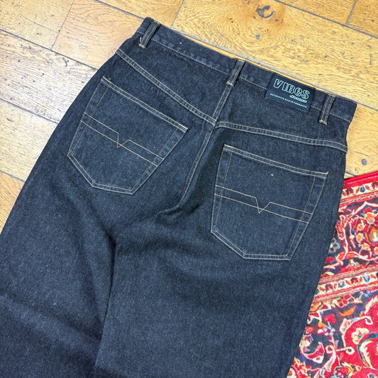 Vintage Black Embroidered Y2K Hip Hop Baggy Jeans - 34