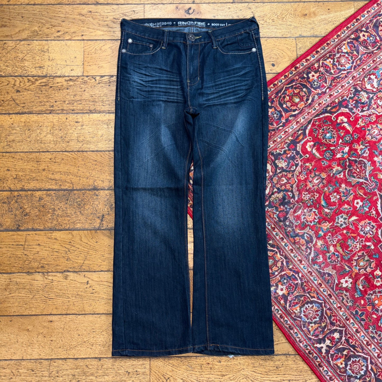 Vintage Navy Blue Embroidered Y2K Hip Hop Bootcut Baggy Jeans - 34S