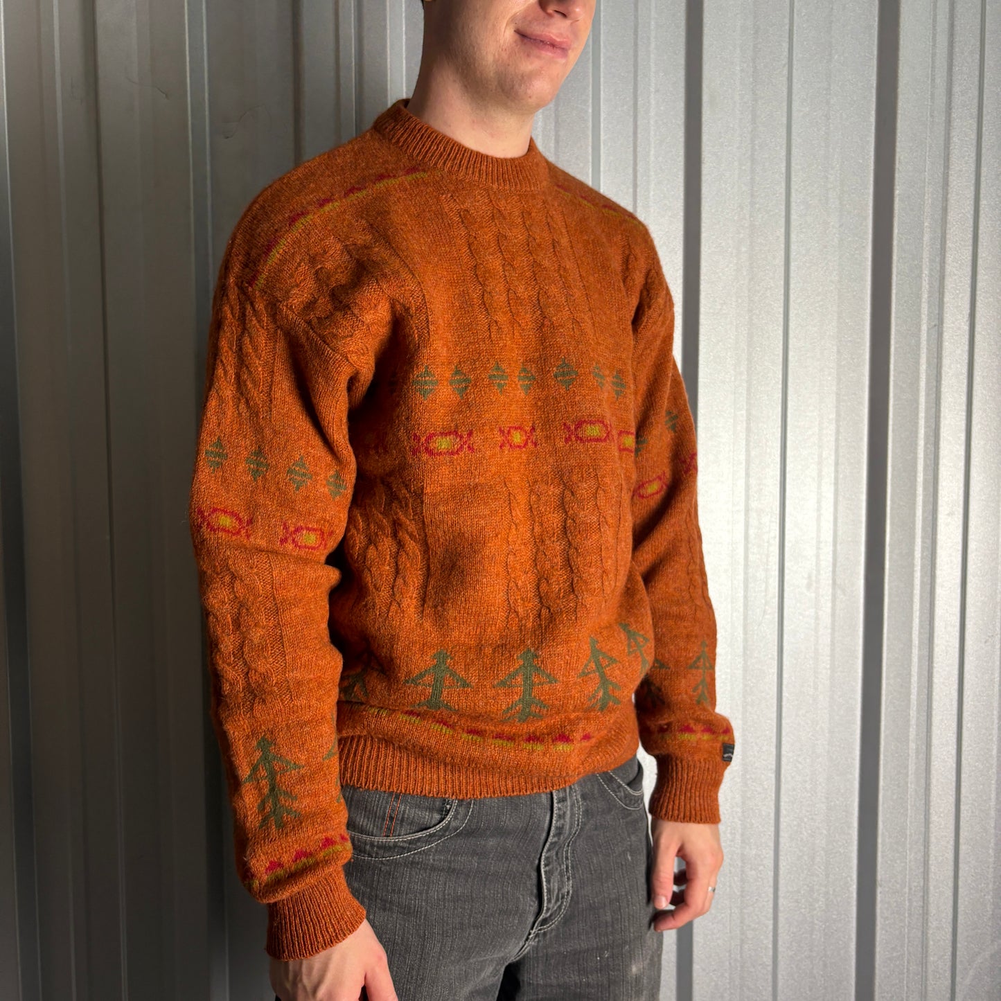 Vintage 90s Levis Orange Pattern Wool Chunky Knit Jumper - S