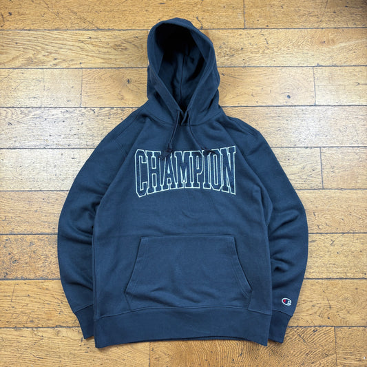 Vintage Champion Navy Spellout Embroidered Hoodie Sweatshirt - M