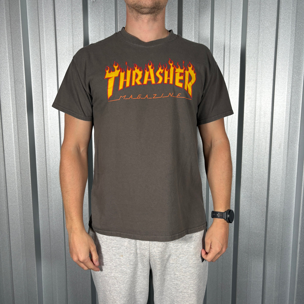 Thrasher Grey Flames Skate Graphic T Shirt - S