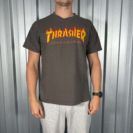 Thrasher Grey Flames Skate Graphic T Shirt - S