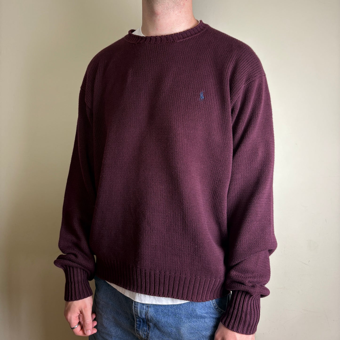 Vintage Ralph Lauren Burgundy Crewneck Chunky Knit Jumper - XL
