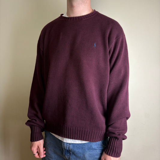 Vintage Ralph Lauren Burgundy Crewneck Chunky Knit Jumper - XL