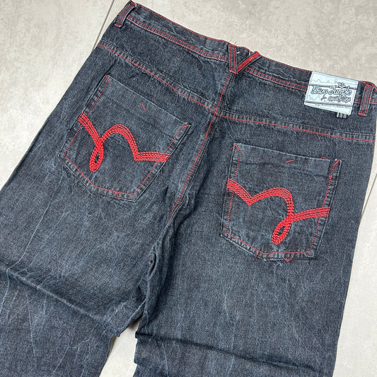 Vintage Embroidered Hip Hop Black Red Baggy Jeans - 42