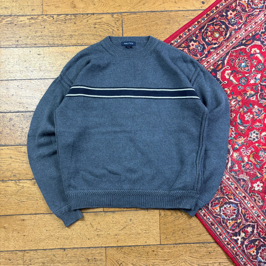 Vintage Nautica Grey Stripe Knit Jumper - M