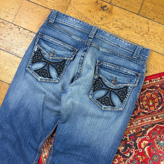 Vintage Blue Embroidered Y2K Hip Hop Bootcut Jeans - 36