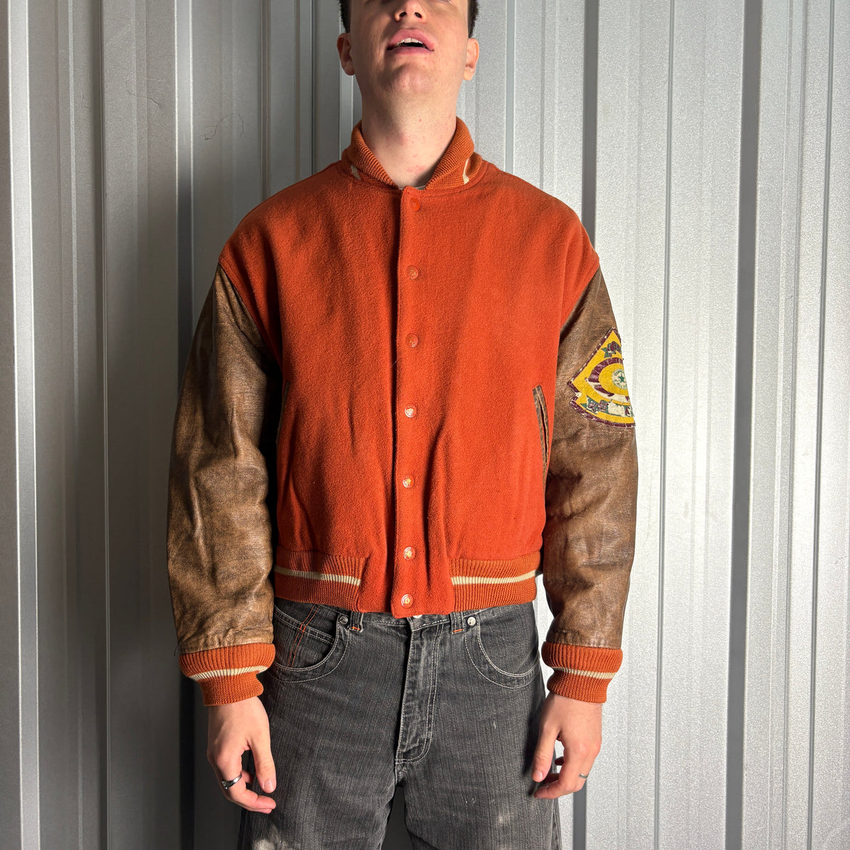 Vintage Converse 90s Orange Brown Wool Leather Varsity Boxy Letterman Jacket - L