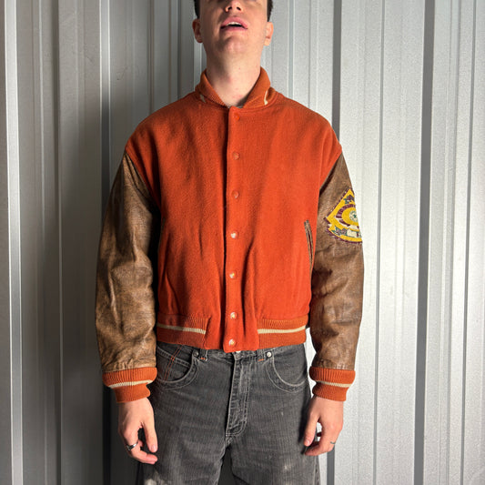 Vintage Converse 90s Orange Brown Wool Leather Varsity Boxy Letterman Jacket - L