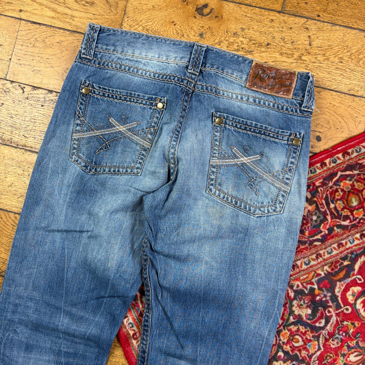 Vintage Blue Embroidered Y2K Hip Hop Straight Jeans - 36
