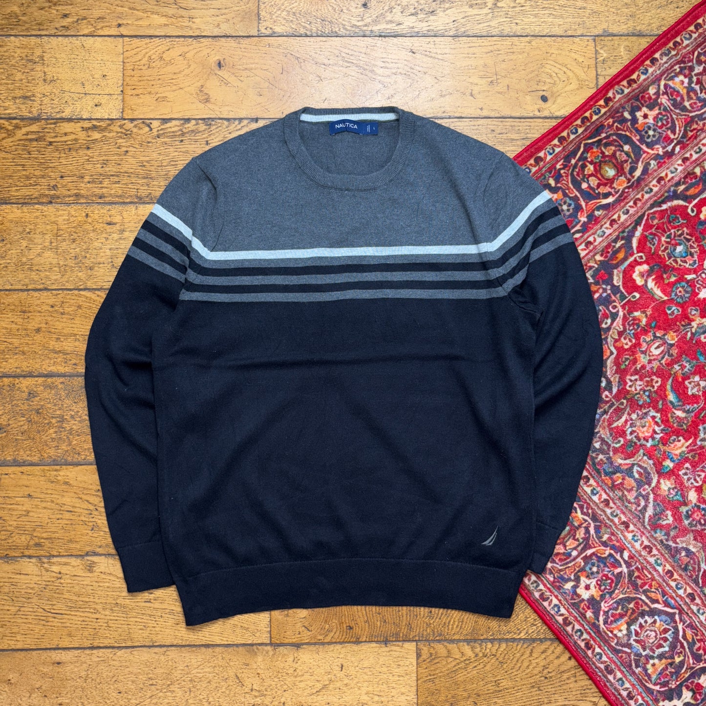 Vintage Nautica Black Grey Stripe Embroidered Knit Jumper - L