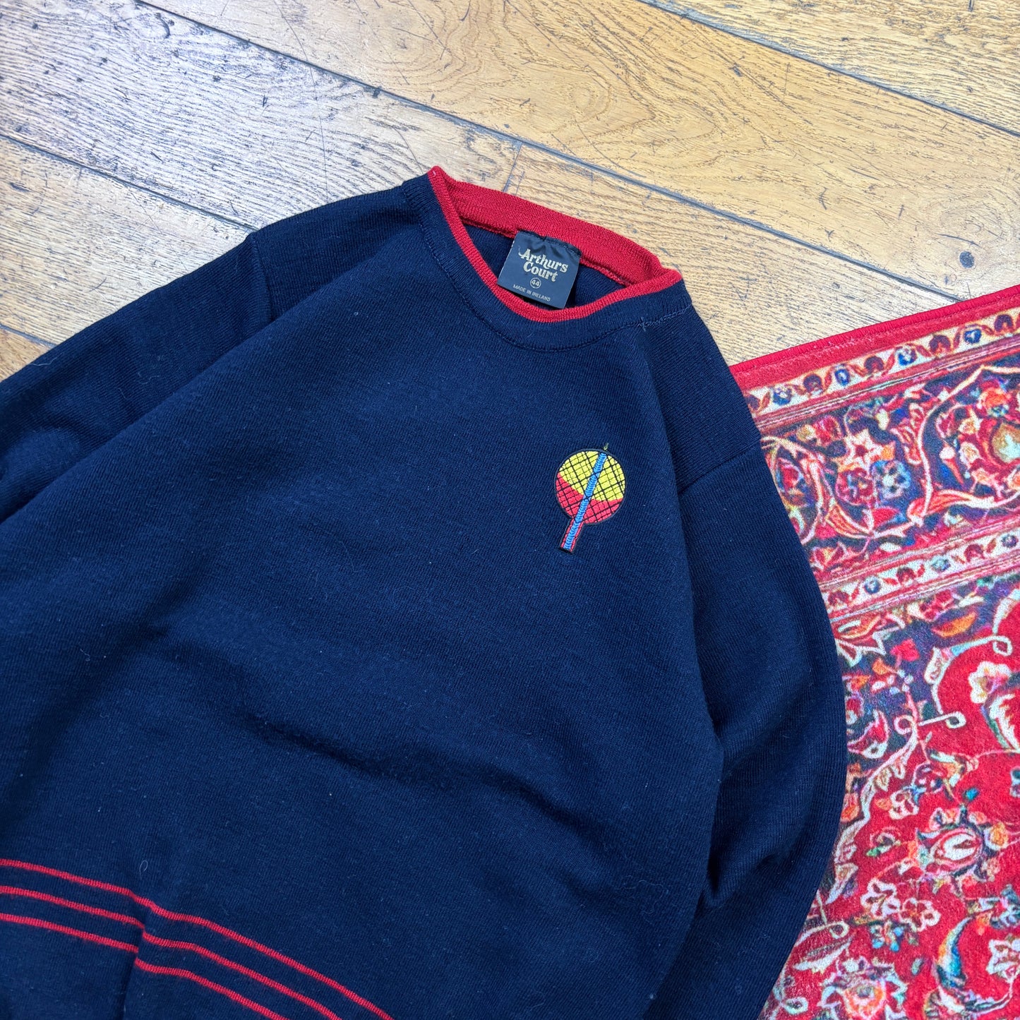 Vintage Navy Embroidered Tennis Chunky Knit Jumper - S