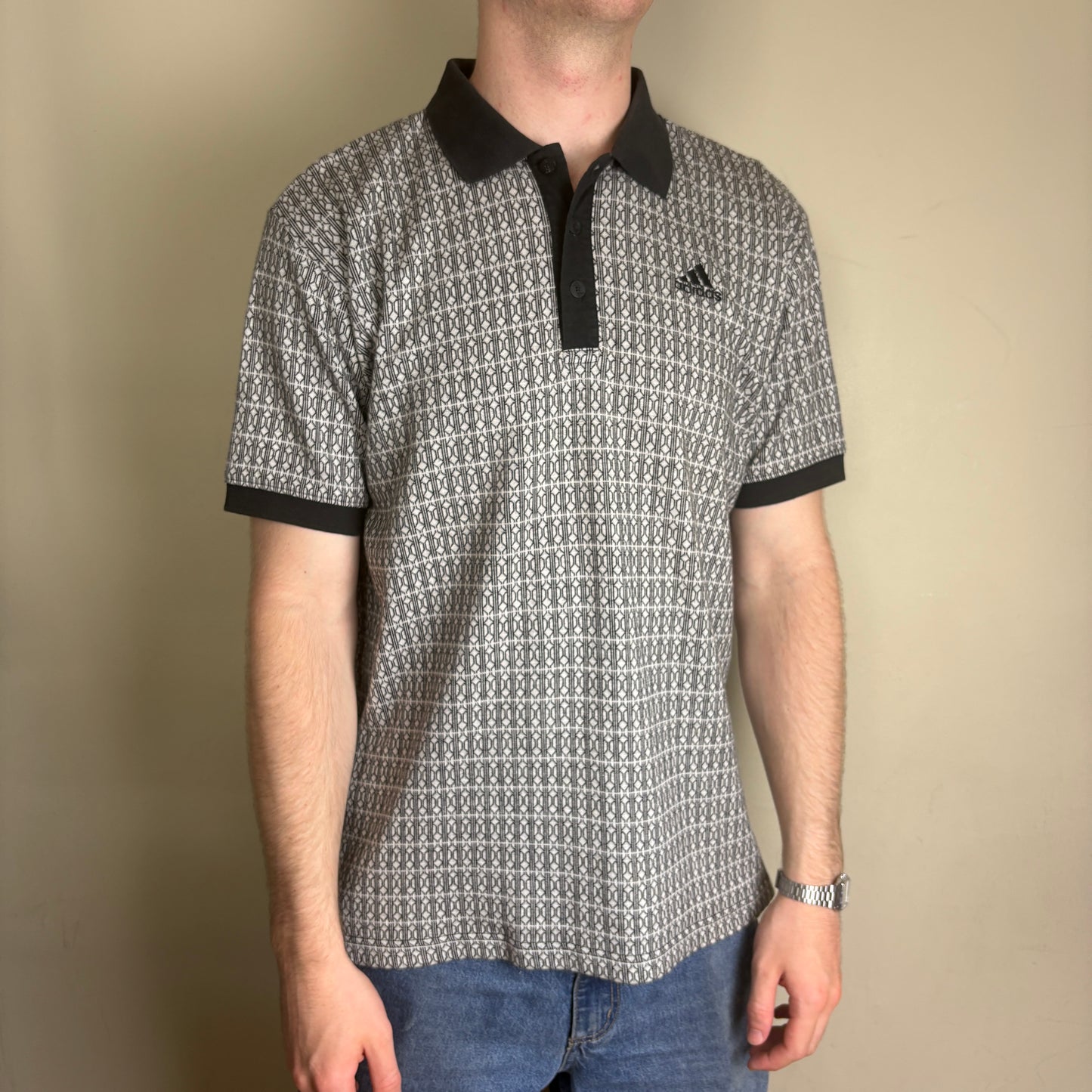 Vintage 90s Adidas Black White Patterned Polo Shirt - M