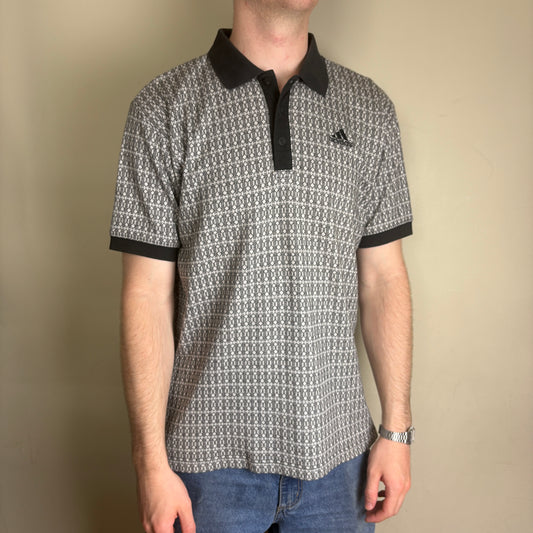 Vintage 90s Adidas Black White Patterned Polo Shirt - M