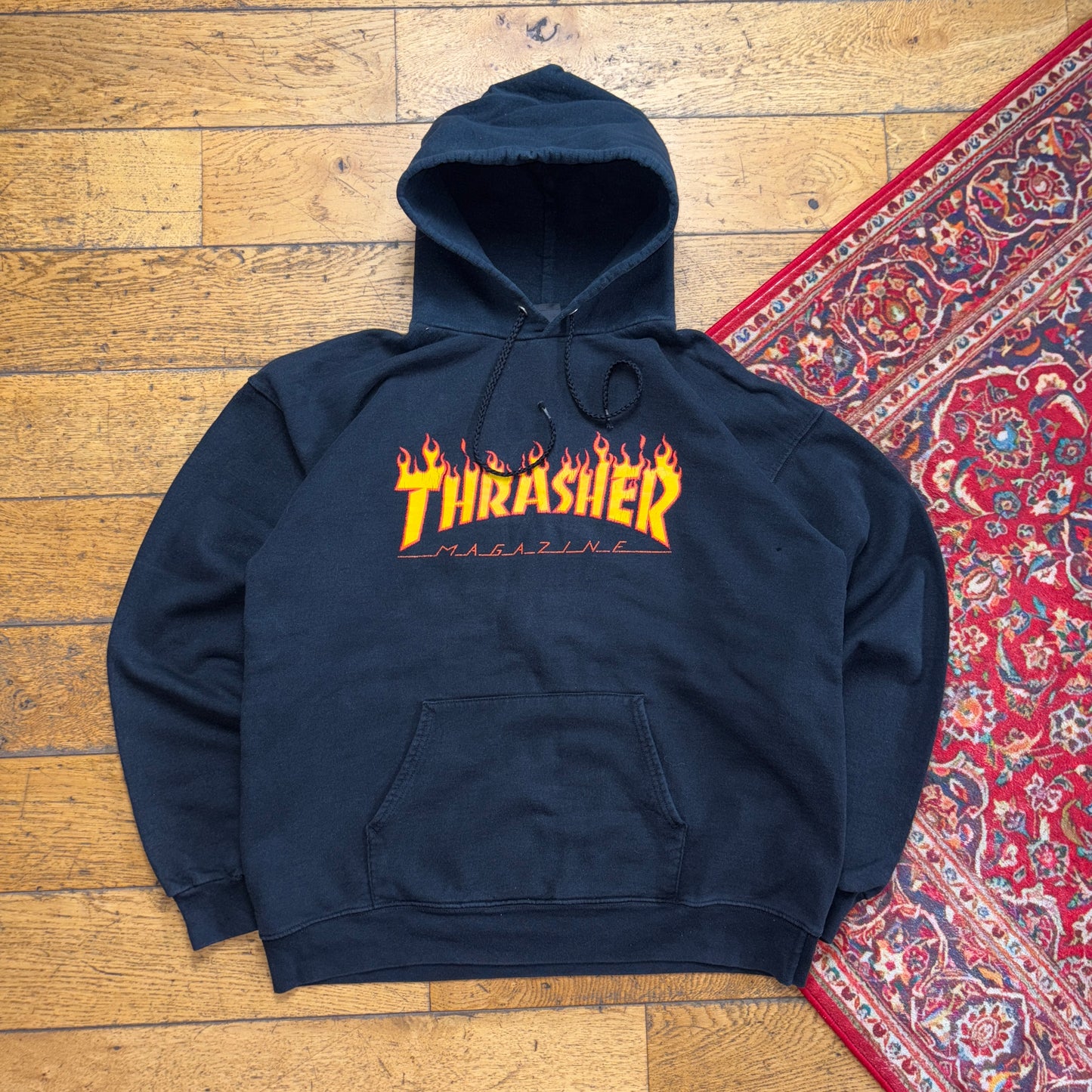 Vintage Thrasher Black Flames Hoodie Skate Sweatshirt - M