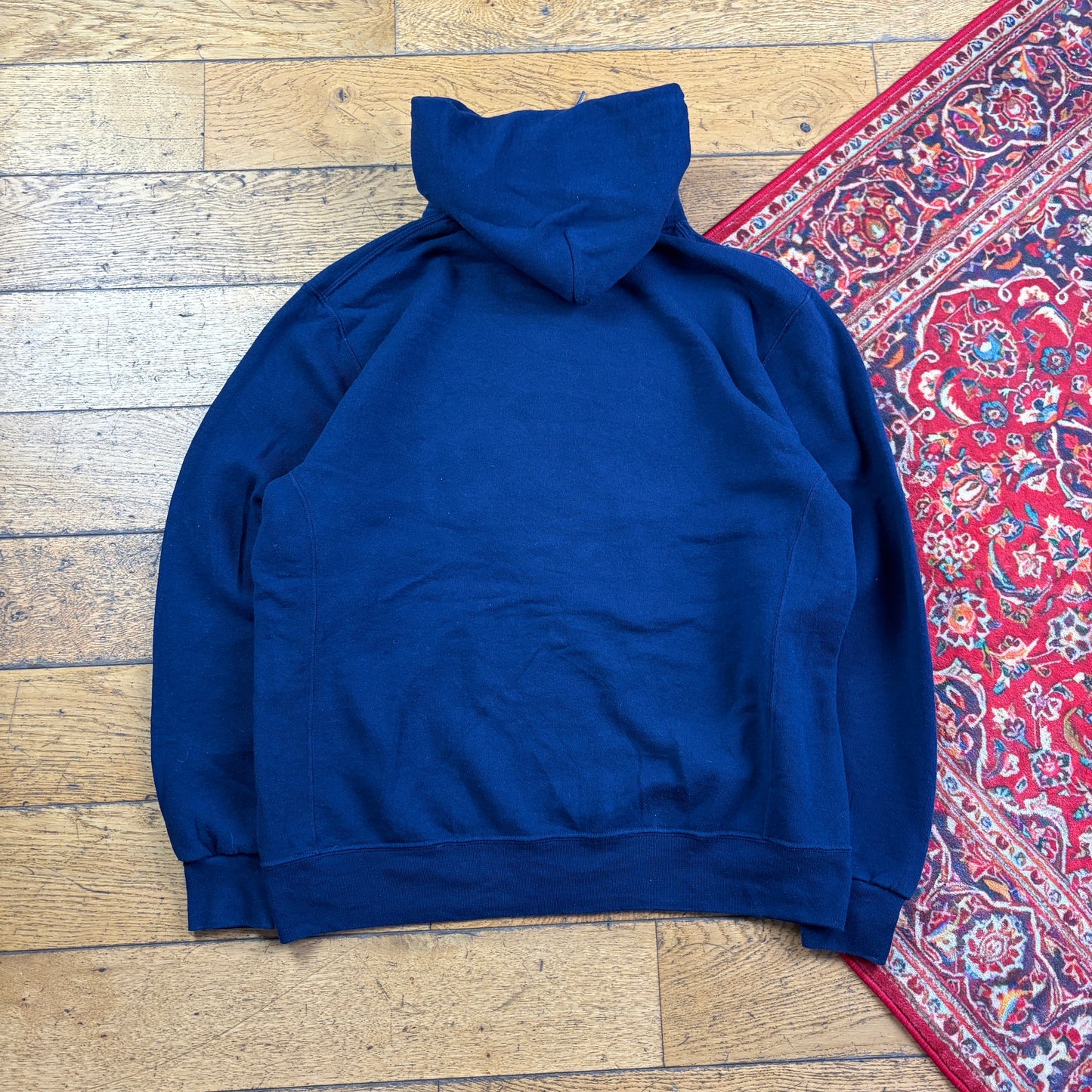 Vintage Russell Athletic Navy Boxy USA College Hoodie Sweatshirt - L