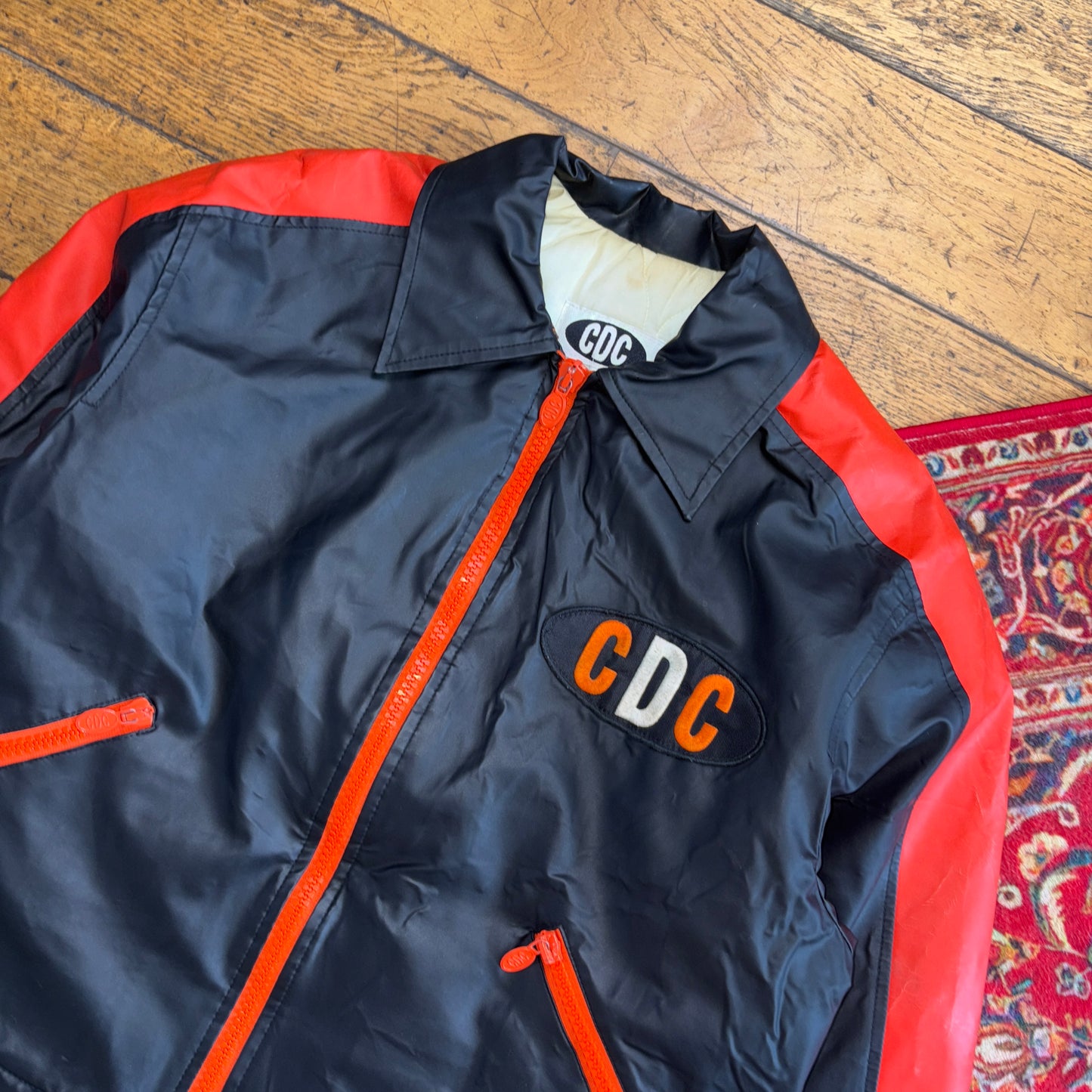 Vintage CDC Black Orange Biker Boxy Cropped Faux Leather Jacket - L