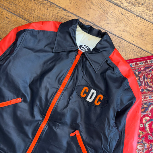 Vintage CDC Black Orange Biker Boxy Cropped Faux Leather Jacket - L